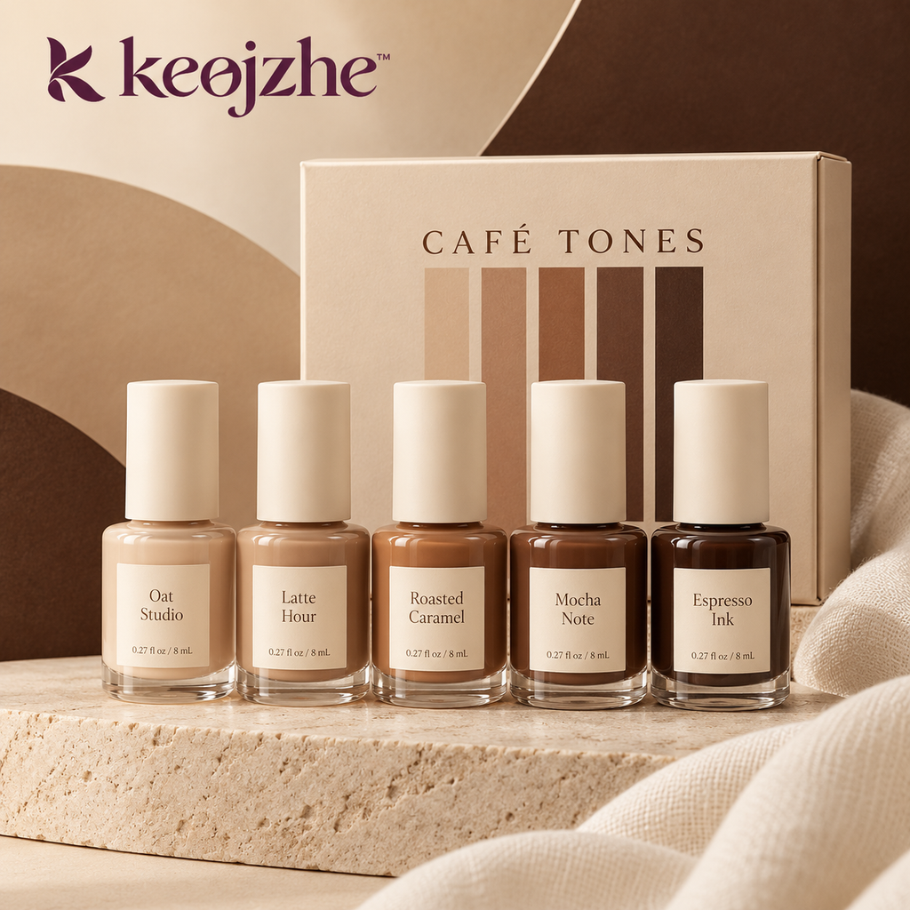 keojzhe™ Café Tones — 5-Color Neutral Nail Polish Set, Taupe, Caramel & Chocolate Brown Cream Shades