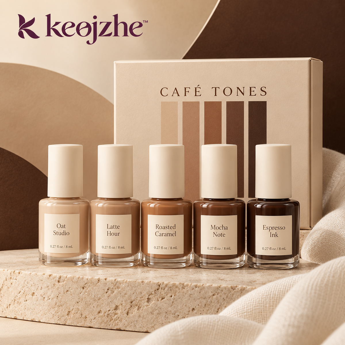 keojzhe™ Café Tones — 5-Color Neutral Nail Polish Set, Taupe, Caramel & Chocolate Brown Cream Shades