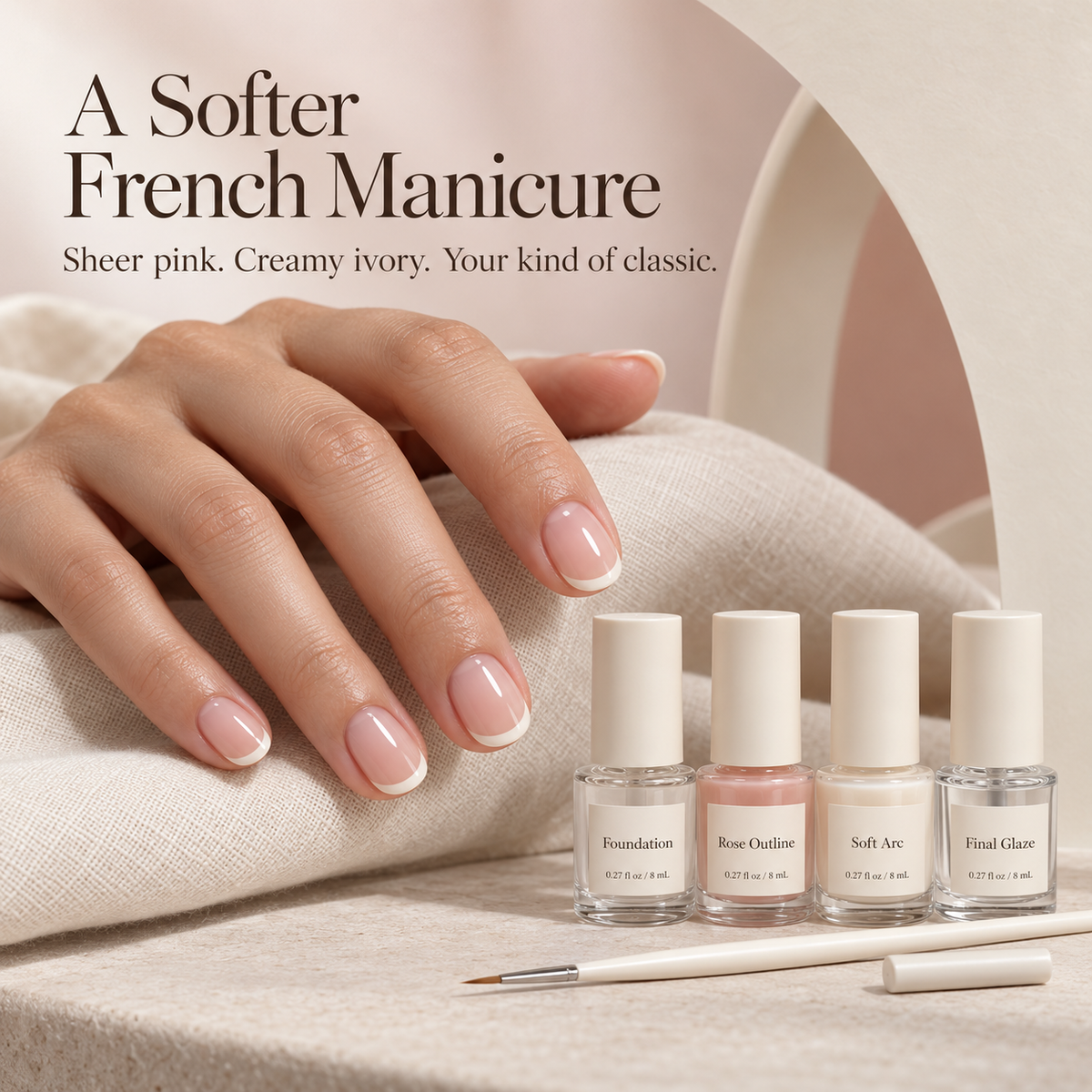 keojzhe™ French Form — French Manicure Nail Polish Kit with Sheer Pink, Ivory Tip Color, Base Coat & Gloss Top Coat