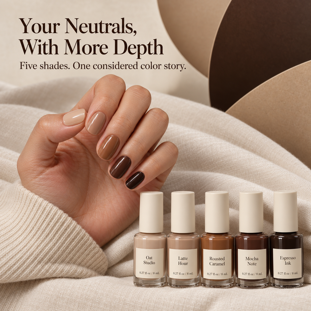 keojzhe™ Café Tones — 5-Color Neutral Nail Polish Set, Taupe, Caramel & Chocolate Brown Cream Shades