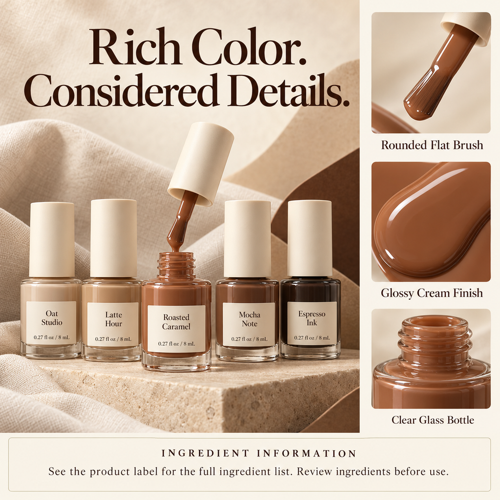 keojzhe™ Café Tones — 5-Color Neutral Nail Polish Set, Taupe, Caramel & Chocolate Brown Cream Shades