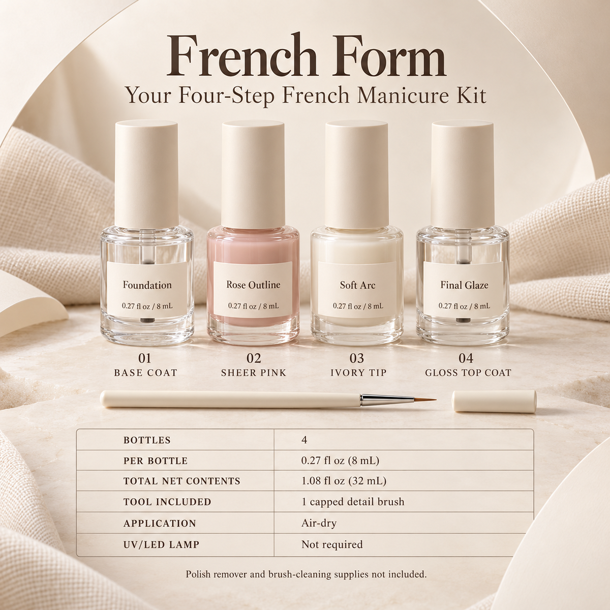 keojzhe™ French Form — French Manicure Nail Polish Kit with Sheer Pink, Ivory Tip Color, Base Coat & Gloss Top Coat
